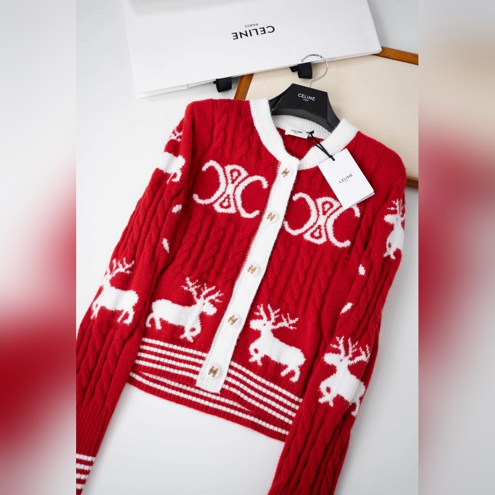 Celine Red and White Arc de Triomphe Logo Reindeer Crew Neck Knit Cardigan